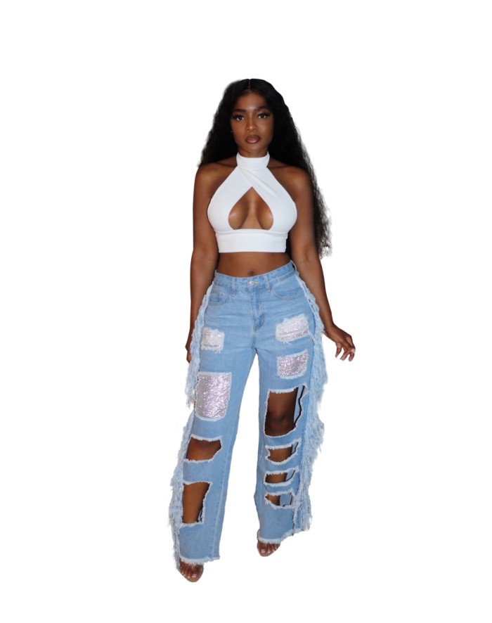 Cut Out Blue Tassels Jeans