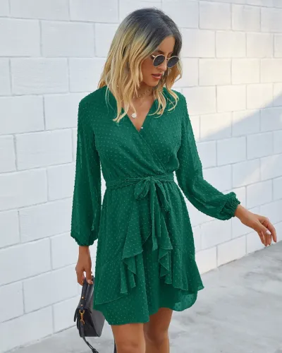 Western Long Sleeve Ruffles Wrapped Dress