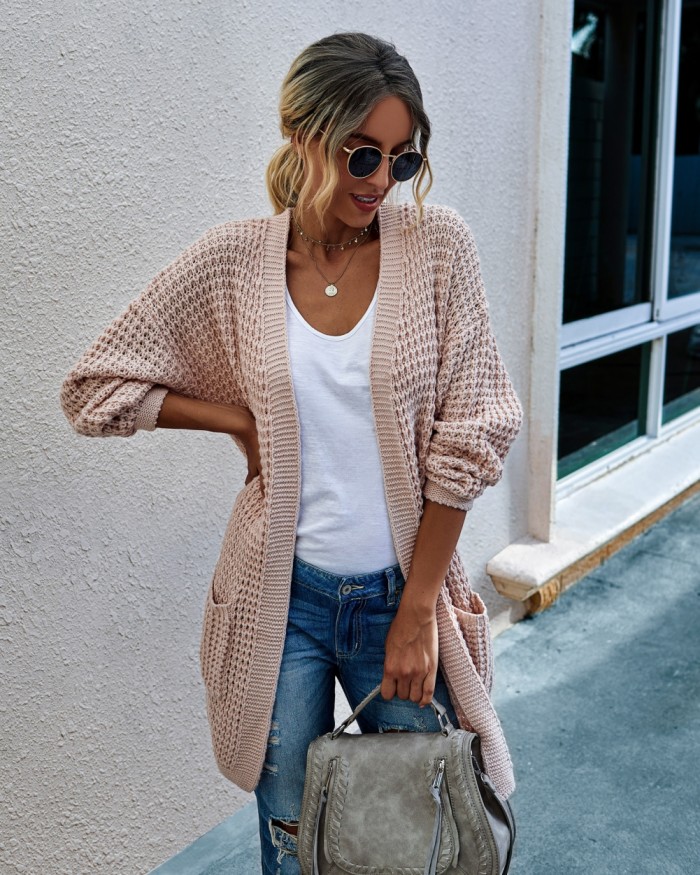 Autumn Plain Knitted Pocket Cardigans