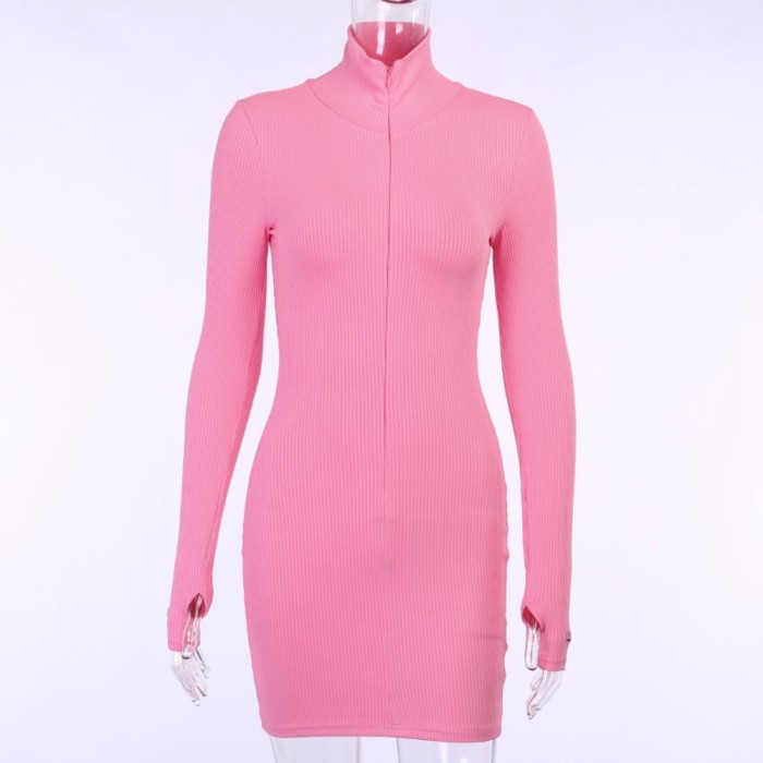 Long Sleeve Knitted Zipper Mini Dress