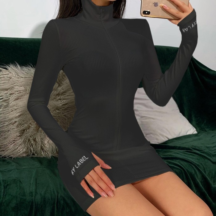Long Sleeve Knitted Zipper Mini Dress