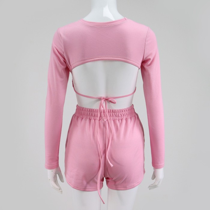 Autumn Two Piece Plain Crop Top and Shorts Set