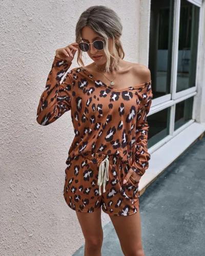 Autumn Casual Two Piece Leopard Shorts Set