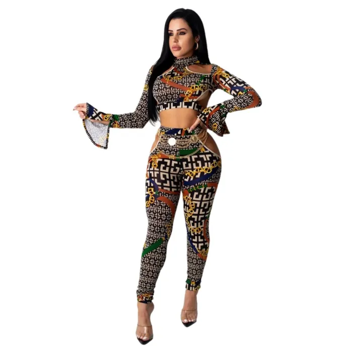 Print Retro African Long Sleeve Crop Top and Pants Set