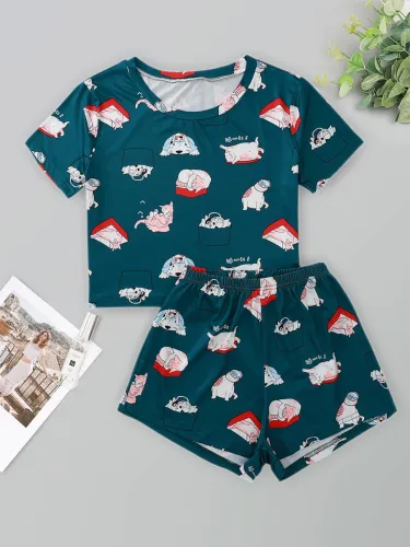 Women Summer Print Two Piece Shorts Pajama Set