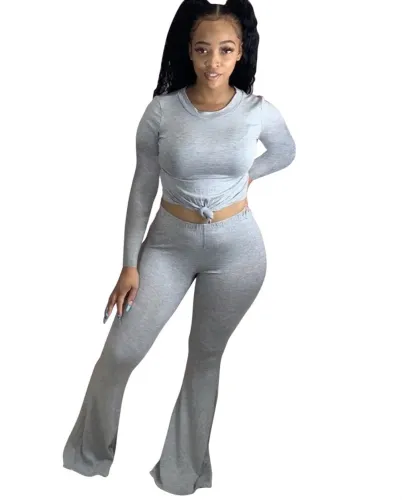 Sexy Plain Shirt and Flare Pants Set