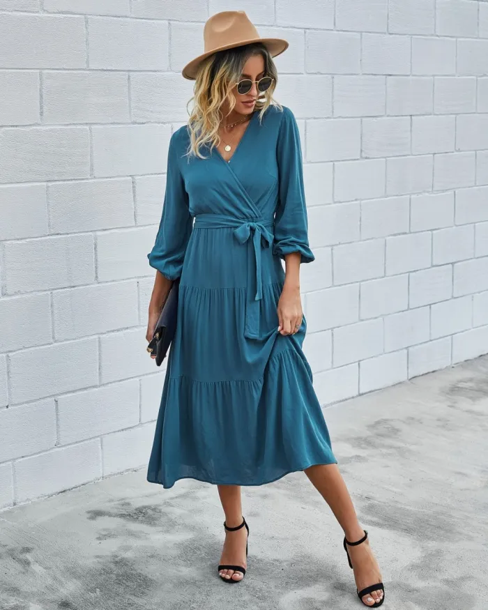 Western Long Sleeve Wrapped Solid Long Dress