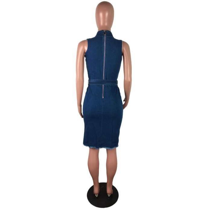 Sleeveless Curvy Ripped Denim Dress with Belt