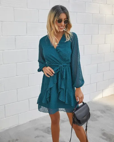 Western Long Sleeve Ruffles Wrapped Dress