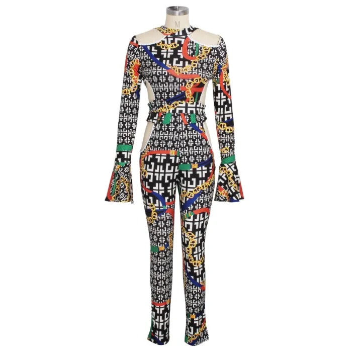 Print Retro African Long Sleeve Crop Top and Pants Set