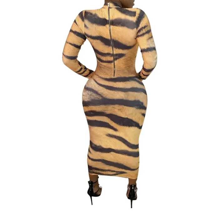Sexy Tiger Print Long Curvy Dress with Full Sleeves