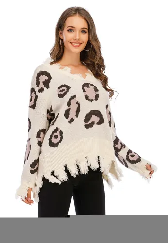 Leopard Print V-Neck Tassels Sweater