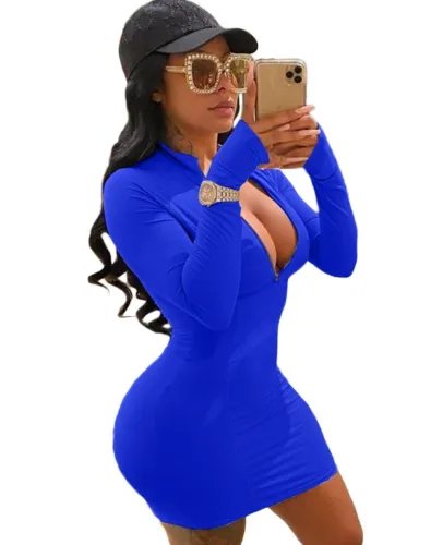 Sexy Plain Long Sleeve Zipper Bodycon Dress