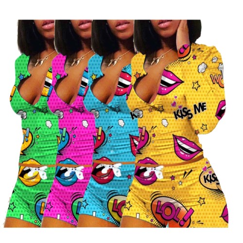 Sexy Lips Print Two Piece Biker Shorts Set