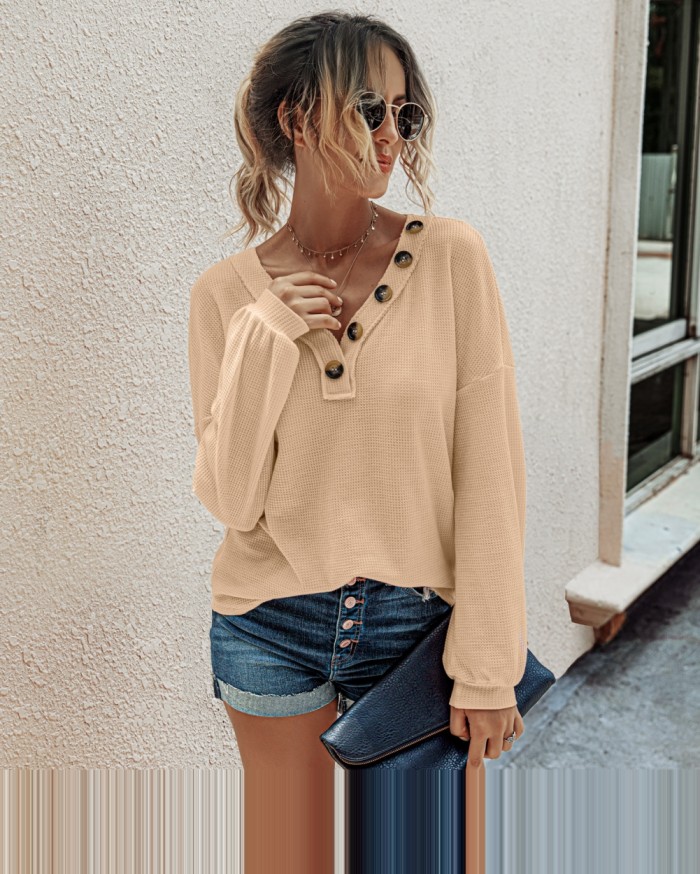 Autumn Plain V-Neck Knitted Shirt