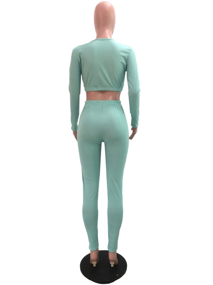 Sexy Knitted Long Sleeve Solid Crop Top and High Waist Legging Set