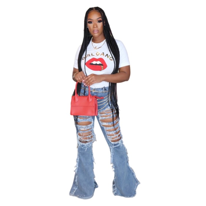 Sexy High Waist Bell Bottom Ripped Jeans