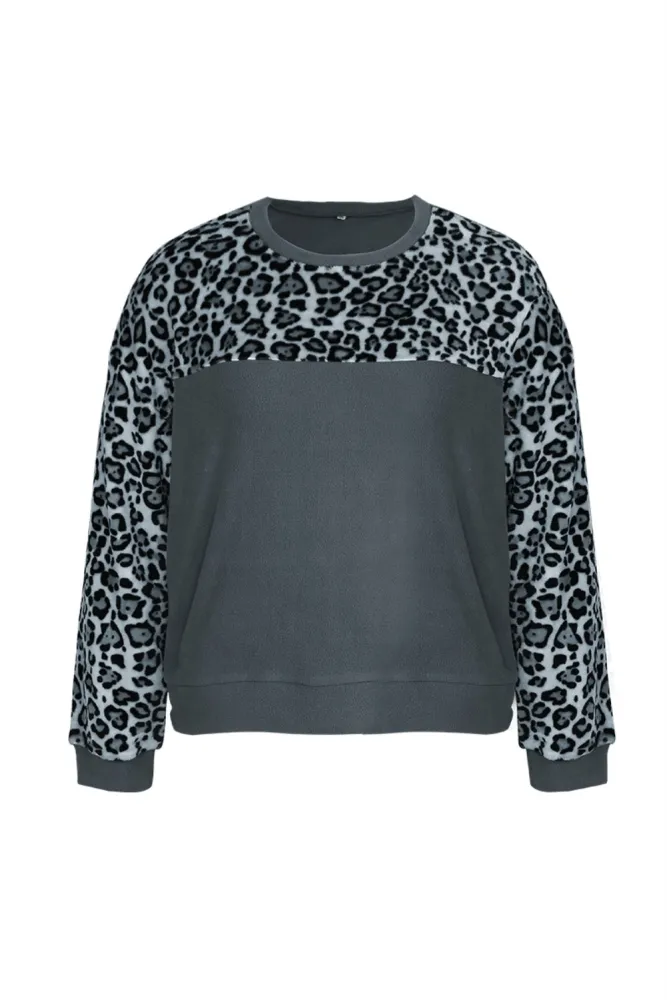 Plus Size O Neck Leopard Plush Shirt