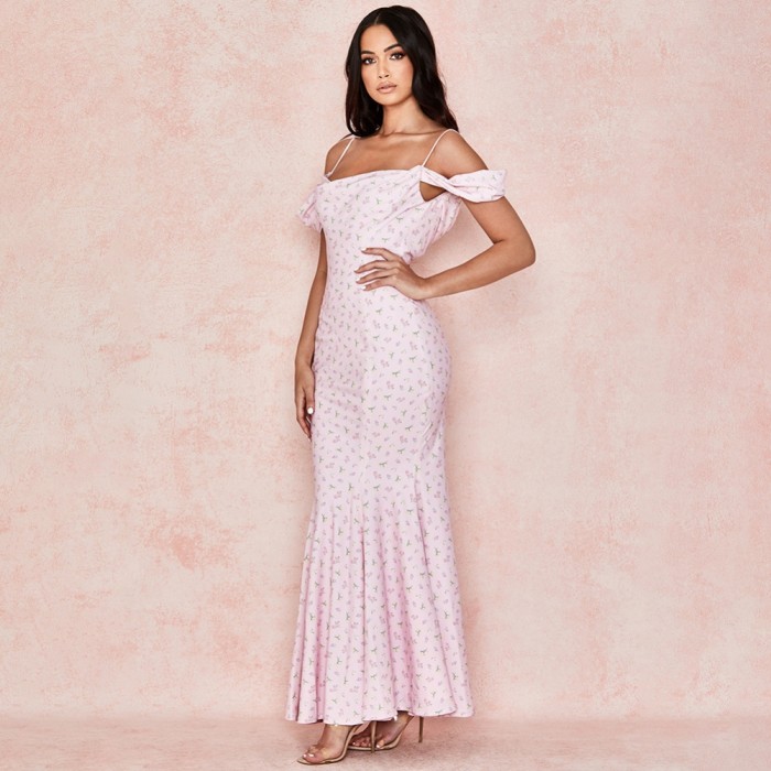 Summer Floral Pink Strap Long Evening Dress