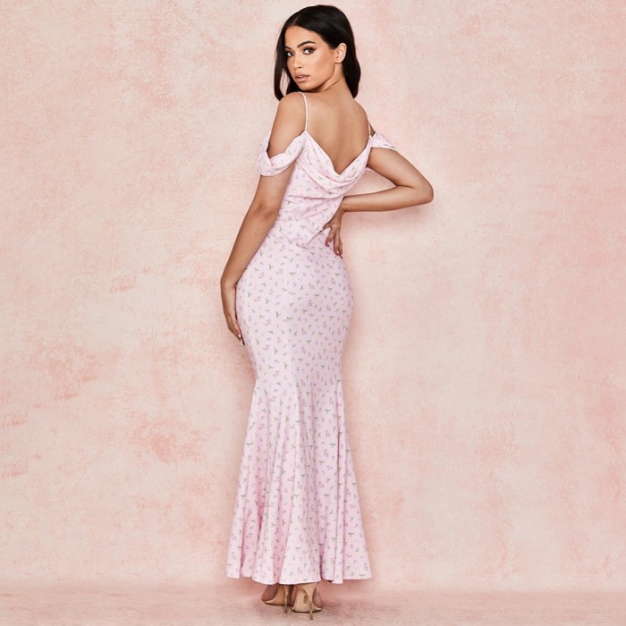 Summer Floral Pink Strap Long Evening Dress