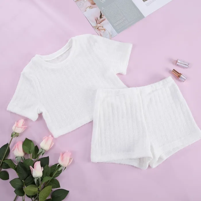 Summer White Plush Two Piece Shorts Pajama Set