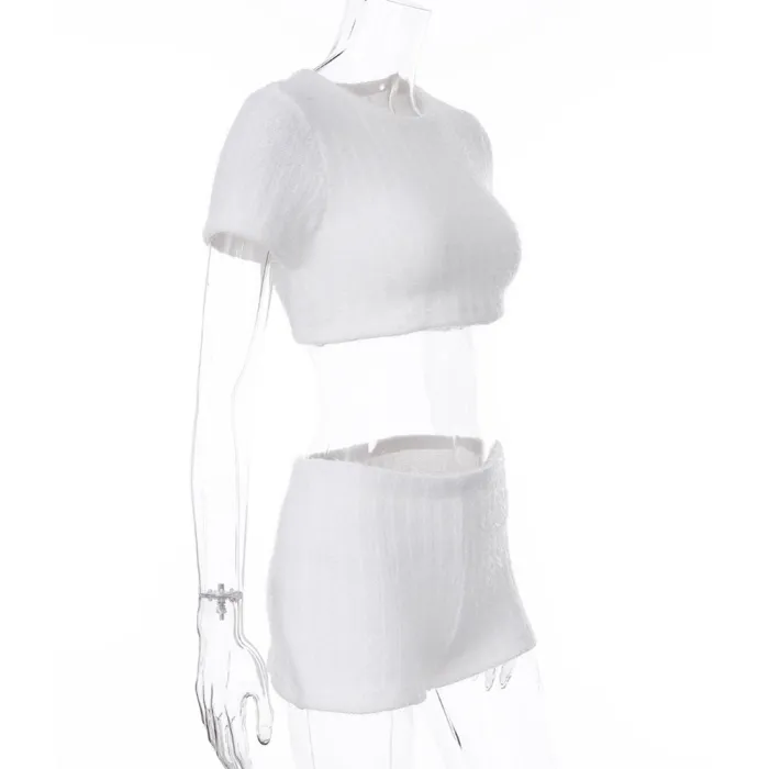 Summer White Plush Two Piece Shorts Pajama Set
