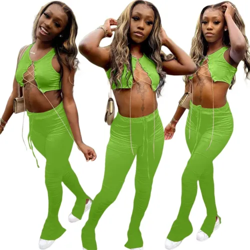 Sexy Lace Up Crop Top and High Waist Stacked Legging Set