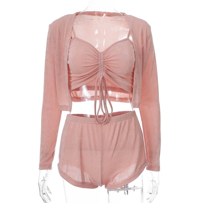 3PC Pink Sexy Crop Top and Shorts Set