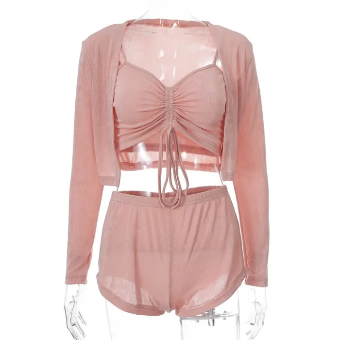 3PC Pink Sexy Crop Top and Shorts Set