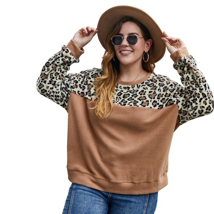 Plus Size O Neck Leopard Plush Shirt