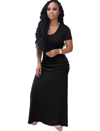 Plain O Neck Shorts Sleeve Long Dress