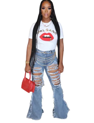 Sexy High Waist Bell Bottom Ripped Jeans