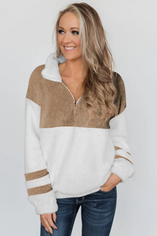 White Colorblock Furry Zipped Pullover Sweatshirt Outwear