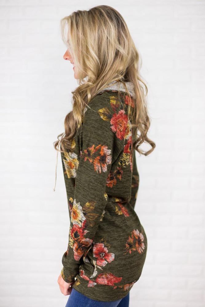 Green Floral Cowl Neck Sweatshirt