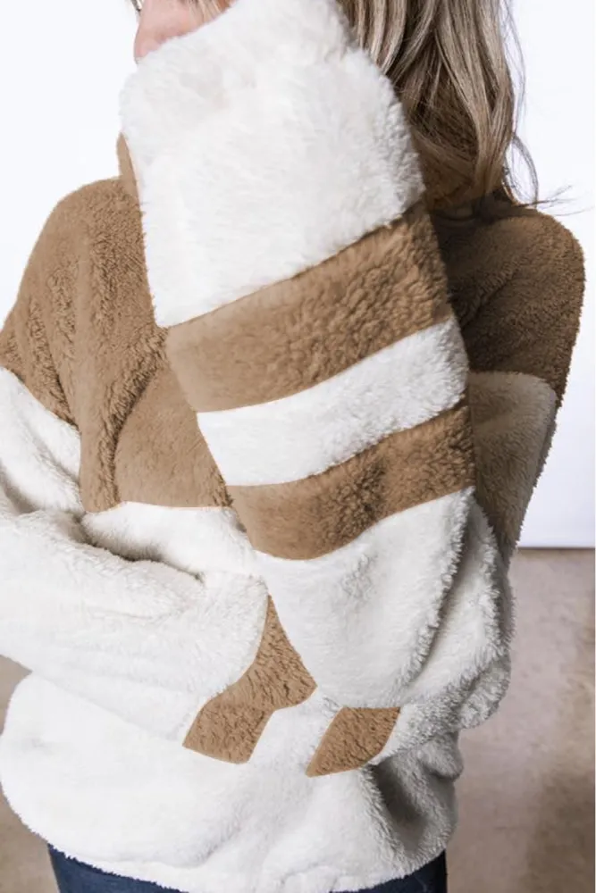 White Colorblock Furry Zipped Pullover Sweatshirt Outwear