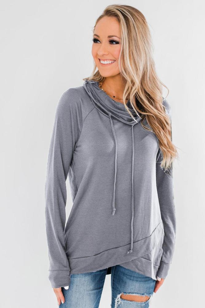 Gray Casual Cowl Neck Pullover Sweatshirt