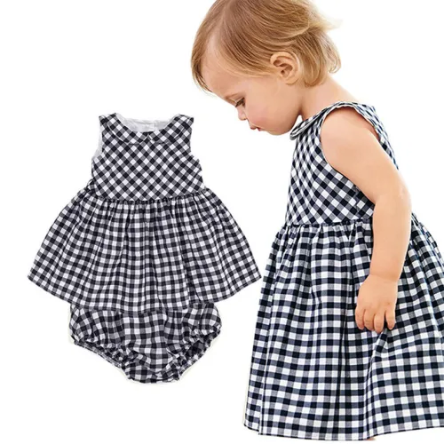 Copy Bear Leader Baby Girls Dress 2016 New Casual Plaid Sleeveless Turn-down Collar Princess Dress + Plaid shorts 2pcs Clothing Sets