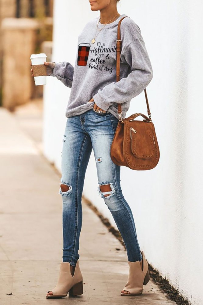 Coffee and Slogan Print Pullover Sweatshirt