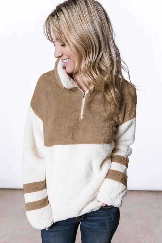 White Colorblock Furry Zipped Pullover Sweatshirt Outwear