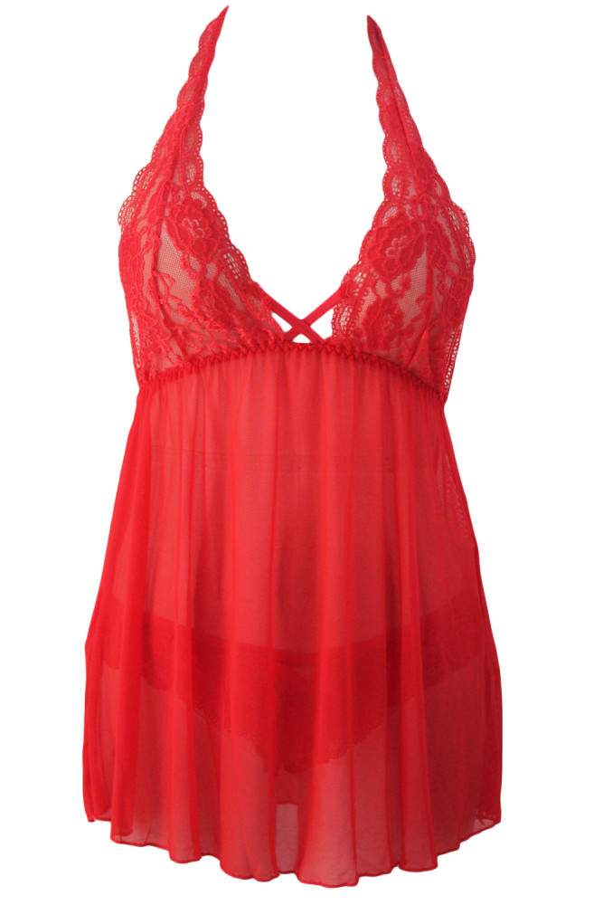 Red Ravishing Halter Lace Top Open Back Babydoll edit