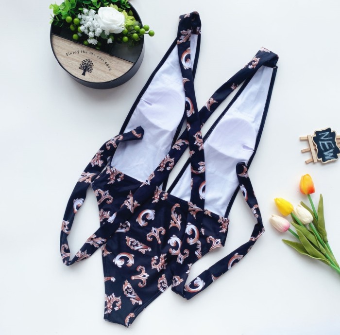 Print Retro One Piece Deep-V Swimwear