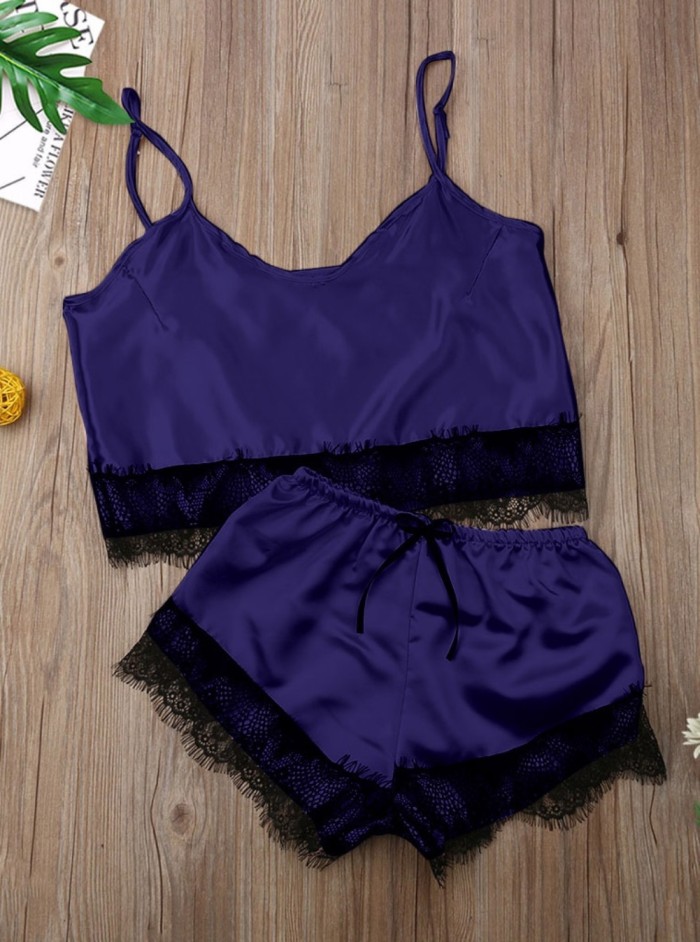 Summer Two Piece Satin Shorts Pajama Set with Lace Trims