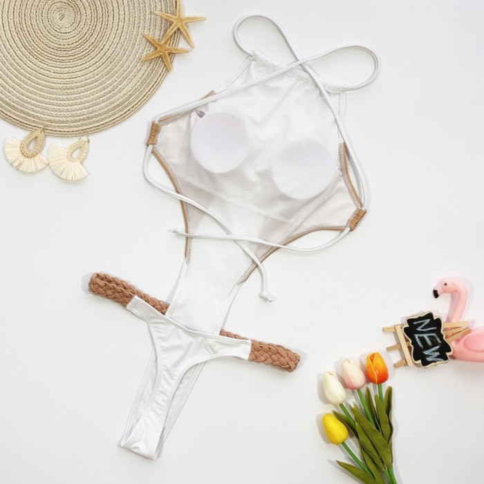 Sexy Contrast One Piece Halter Thong Swimwear