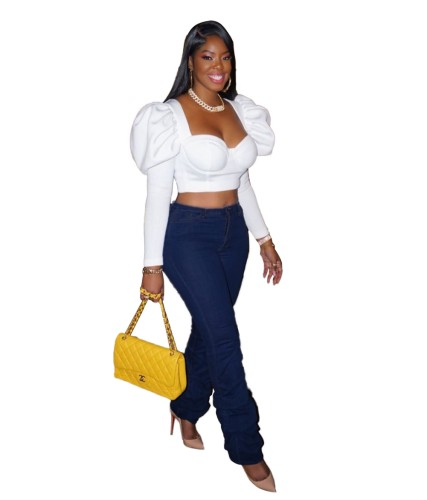 Sexy High Waist Blue Stacked Jeans