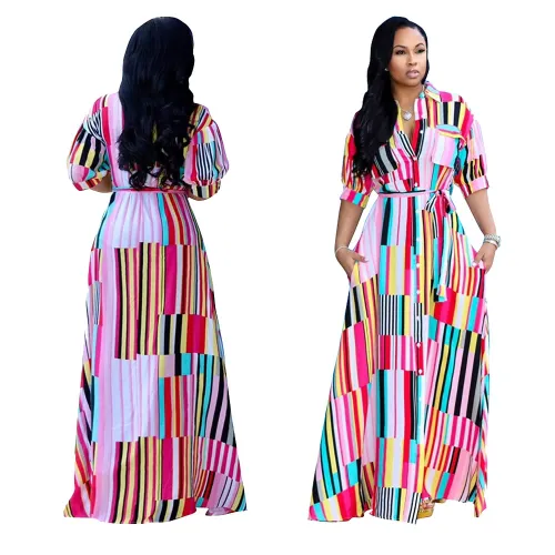 Colorful Stripes Long Dress with Belt