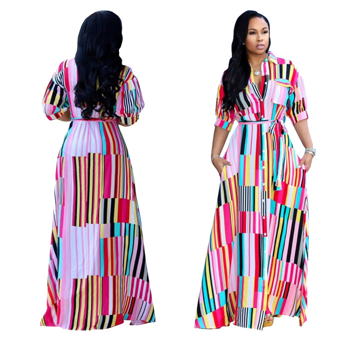 Colorful Stripes Long Dress with Belt
