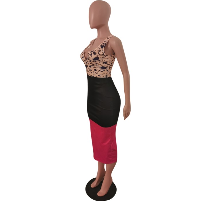 Leopard Print Sleeveless Contrast Midi Dress