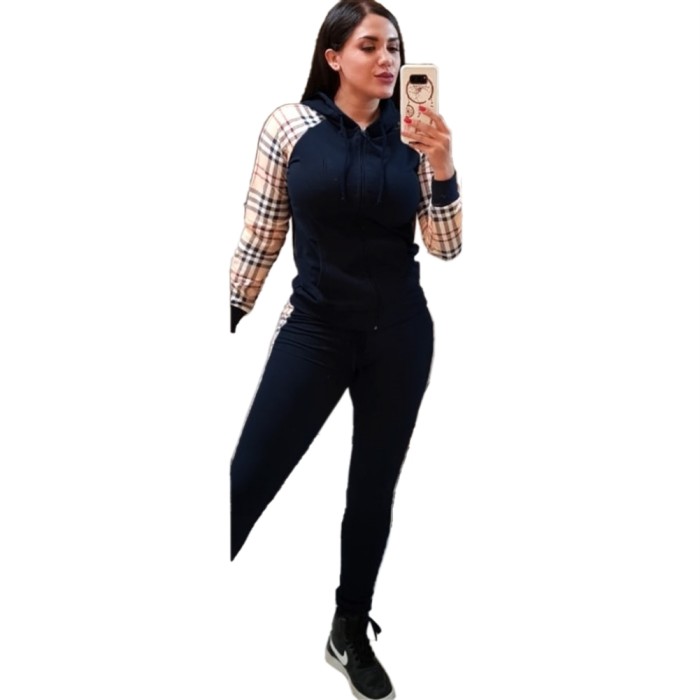Fall Plaid Black Zipper Tracksuit