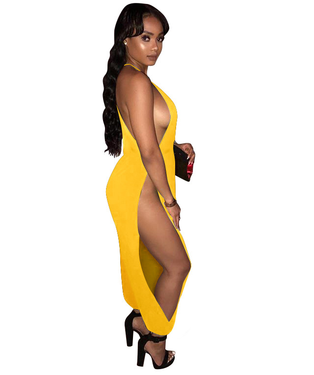 Open Back Sexy Slit Halter Jumpsuit