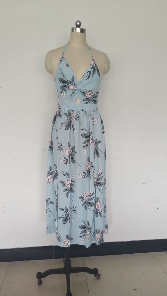 Low Back Halter Floral Long Dress with Cut Sides